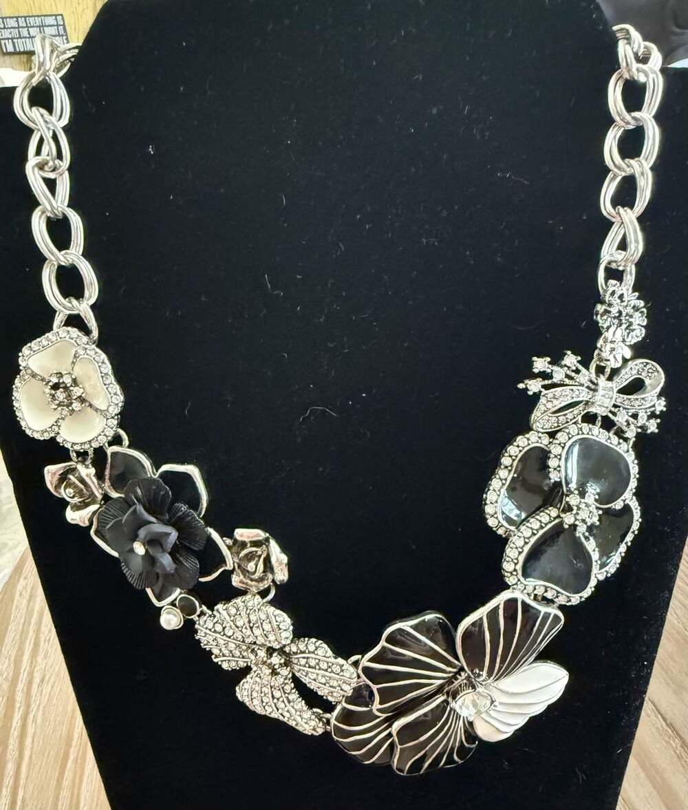 Ciner for Joan Rivers Black and White Enamel Floral Statement Necklace with Crys